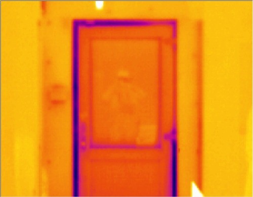 A new PVC door showing up as warped and allowing air permeability at edges -  Thermal Imaging by McClean Thermal Imaging, Co. Donegal, Ireland